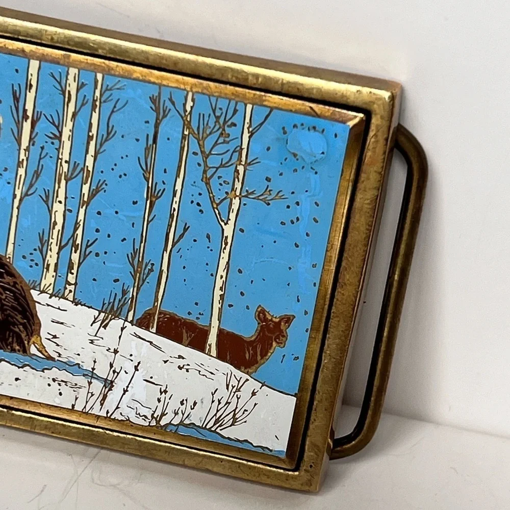Vintage NAP, Inc Brass Belt Buckle Elk Deer Hunting Western 1980s